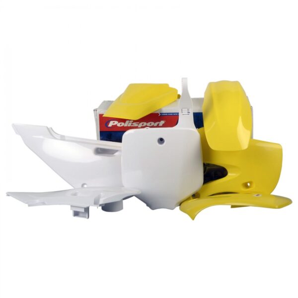 kit plastique suzuki 65 rm kit complet polisport jaune blanc